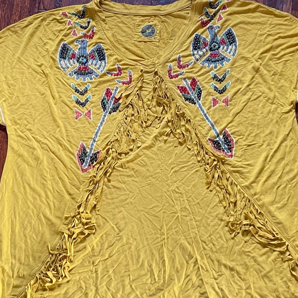 Double D Ranch Mustard Embroidered Tee with Fringe